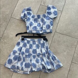 Blue Floral Puff Sleeve sea shell Crop Top & Skirt Set